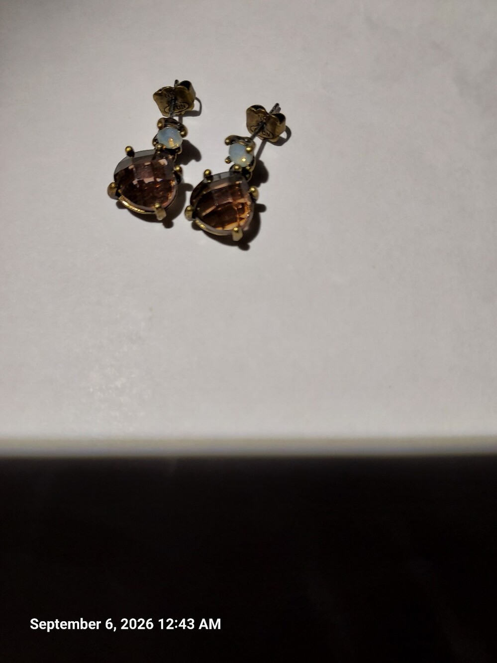 Vintage Avon Bronze-Tone Brown Teardrop & Opal Accent Drop Earrings